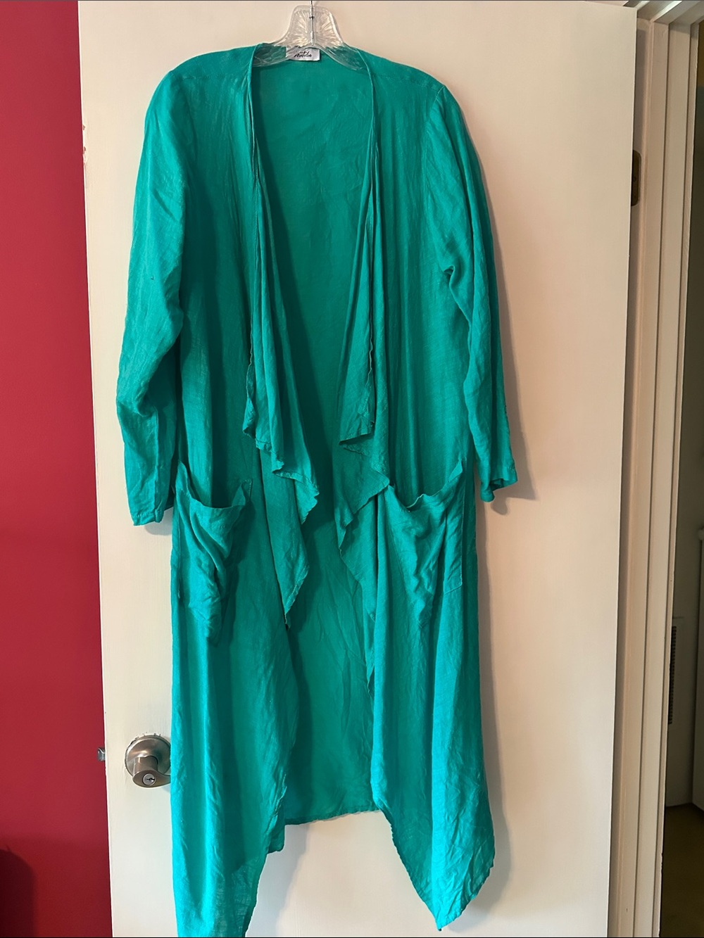 Women’s Linen Teal Long Draped Open Front Coat by Devitalia
